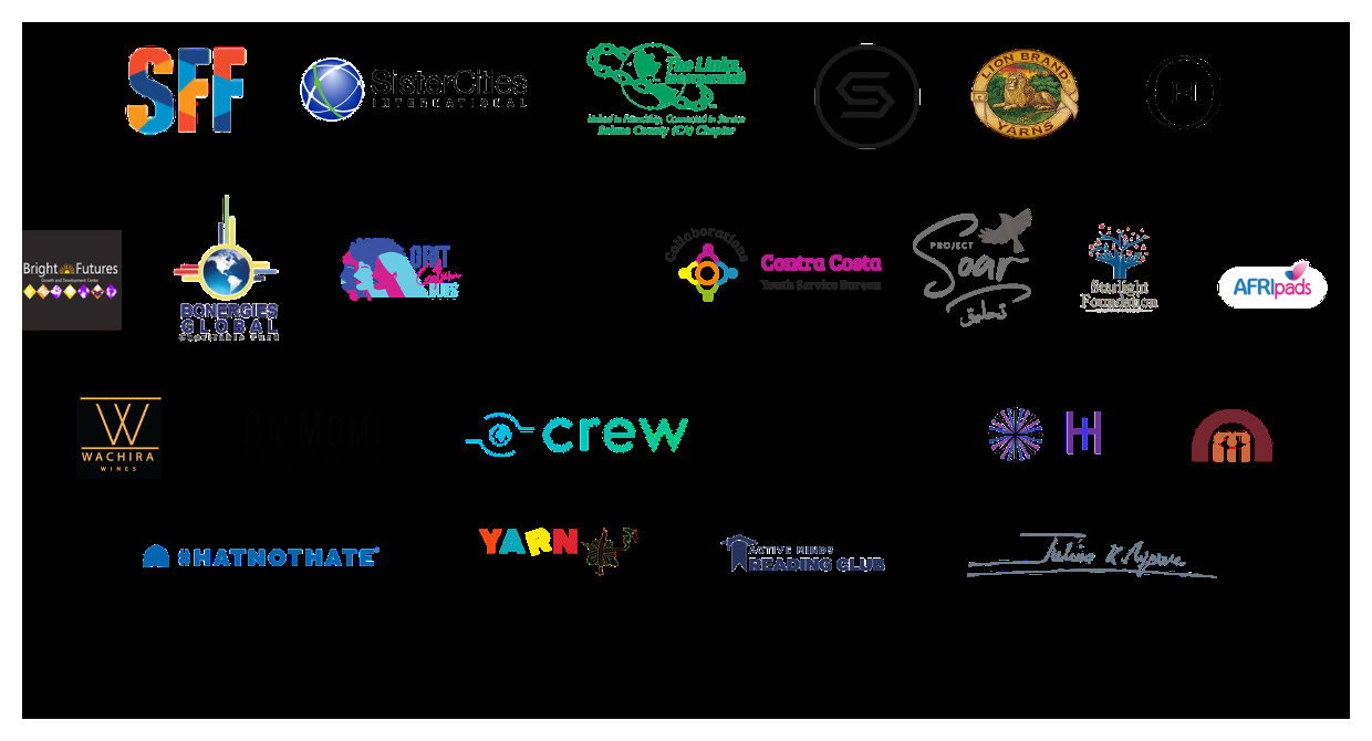 Logos of our collaborative partners, including Lion Brand Yarns, Sister Cities International, The Links Incorporated Solano County, Project Soar, Starlight Foundation, AFRIpads, Contra Costa Youth Service Bureau, Ca' Momi Napa Valley, Hat Not Hate, Yarn Movement, and more